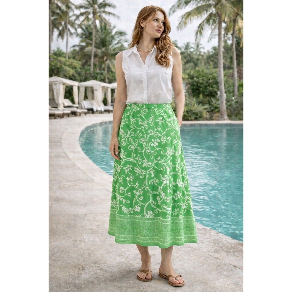 Vince Camuto Womens Green White Floral Scroll Maxi Skirt Elastic Waist Small